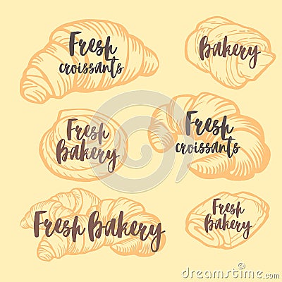 Bakery shop design. Delicious croissants, pies and buns. Vintage design. Vector Illustration