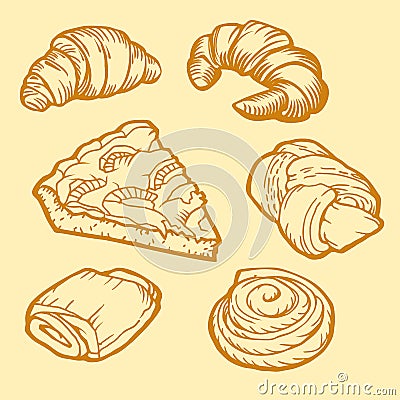 Bakery shop design. Delicious croissants, pies and buns. Vintage design. Vector Illustration