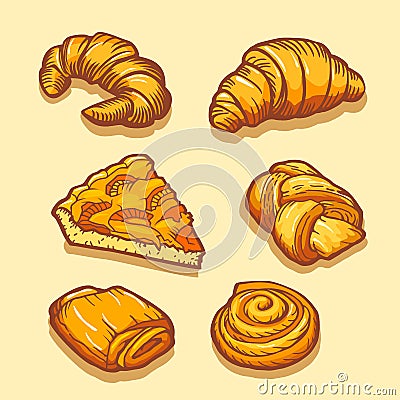 Bakery shop design. Delicious croissants, pies and buns. Vintage design. Vector Illustration