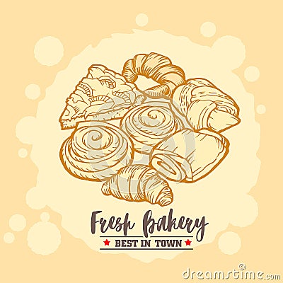 Bakery shop emblem, badge and logo. Delicious croissants, pies and buns. Vintage design. Vector Illustration