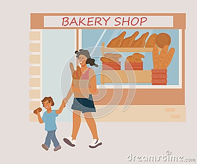 Bakery shop facade with people buying fresh bread Cartoon Illustration