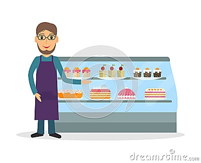 Bakery shop or grocery seller. Vector Illustration