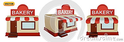 3d Realistic Cafe Bakery Shop Icon Set. 3d Realistic Bakery Storefront Icon in Cartoon Style. Vector Illustration