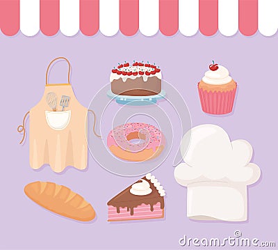 Bakery shop icons donut cake cupcake donut hat and apron Vector Illustration
