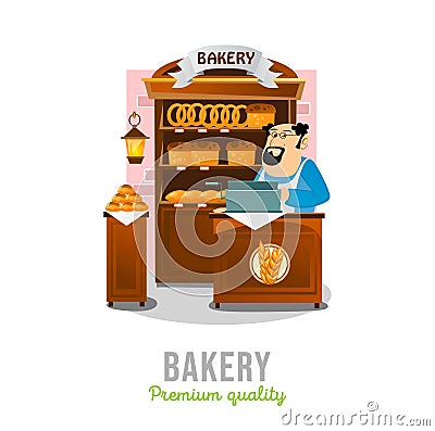 Bakery shop isolated on white background. Cartoon bakery market. Local business bakery vector illustration Vector Illustration