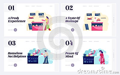 Bakery Shop, Night Shelter for Homeless Website Landing Page Set. Customer Buying Bread in Store. Volunteer Vector Illustration