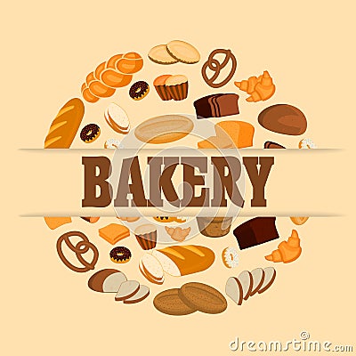 Bakery shop poster with bread, sweet bun, cookies, croissant, cake, donut and other products Vector Illustration