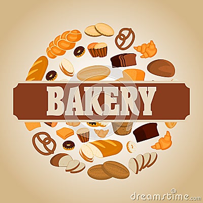 Bakery shop poster with bread, sweet bun, cookies, croissant, cake, donut products Vector Illustration