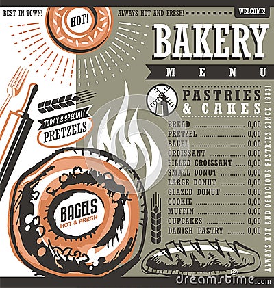 Bakery shop retro price list or menu design layout Vector Illustration