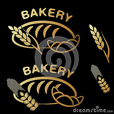 Bakery shop symbols. Golden simple icon of croissant, bread and spike grain on black background. Vector Illustration