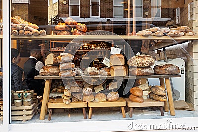 Bakery shop window in Hampstead. London, 2017. Editorial Stock Photo