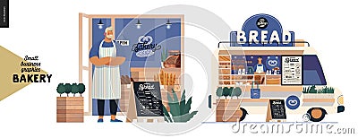 Bakery - small business graphics - cafe owner and food truck Vector Illustration