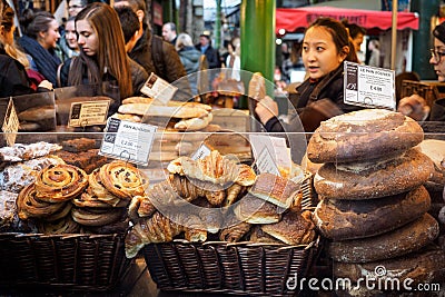 Bakery stall in Borough Market. London UK. Editorial Stock Photo