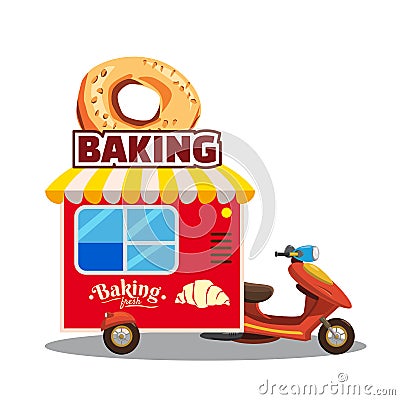 Bakery street food caravan trailer, truck, van with fresh bread, loaf, baguette, pretzel, croissant. Colorful Vector Illustration