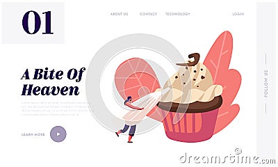 Bakery and Sweet Food Website Landing Page. Tiny Woman Decorate Huge Chocolate Cupcake with Cream in Pastry Bag Vector Illustration