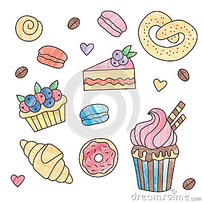 Bakery sweets doodle icons set Vector Illustration