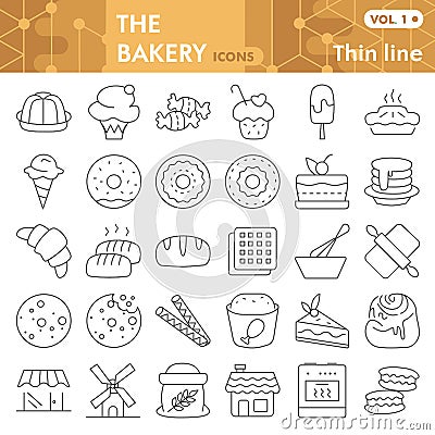 Bakery thin line icon set, pastry symbols collection or sketches. Dessert signs for web, linear style pictogram package Vector Illustration