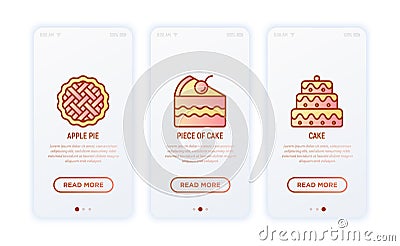 Bakery thin line icons set: apple pie, cake, cupcake. Sweet desserts. Vector illustration Vector Illustration