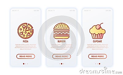 Bakery thin line icons set: pizza, burger, cupcake. vector illustration Vector Illustration