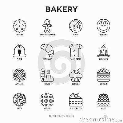 Bakery thin line icons set: toast bread, pancakes, flour, croissant, donut, pretzel, cookies, gingerbread man, cupcake, burger, Vector Illustration