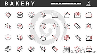 Bakery thin red and black line icons set, food products from wheat flour and appliances Vector Illustration