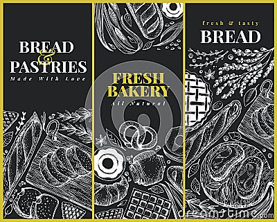 Bakery top view design templates. Hand drawn vector illustration with bread and pastry on chalk board. Retro Vector Illustration