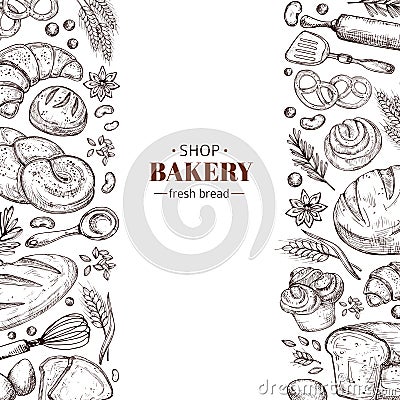 Bakery vector retro background with hand drawn doodle bread Vector Illustration