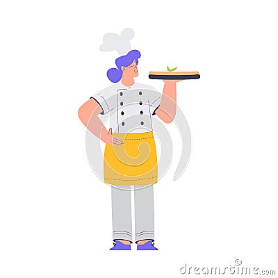 Bakery with Woman Baker Character in Uniform Hold Tray with Pizza Vector Illustration Vector Illustration