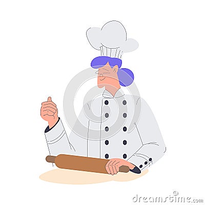 Bakery with Woman Baker Character in Uniform Rolling Dough Vector Illustration Vector Illustration