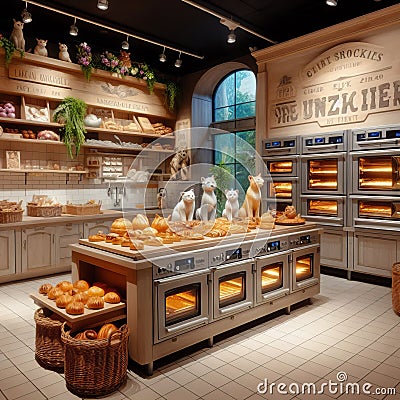 A bakery in a zoo, with ovens baking fresh pastries, sweet trea Stock Photo