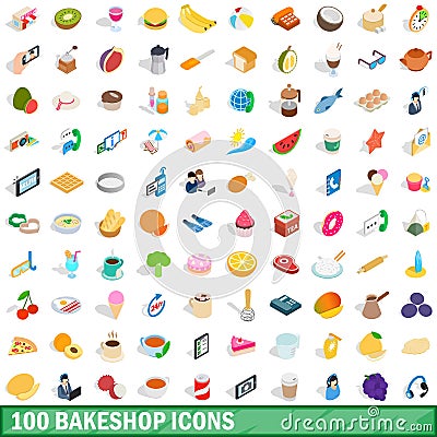 100 bakeshop icons set, isometric 3d style Vector Illustration