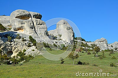 Bakhchisaray. Specially protected natural territory `Natural Sphinxes of valley Churuk-su in spring Stock Photo