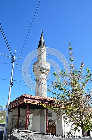 Bakhchisaray, street Gasprinsky in the old town. Mosque Tahtali-Jami Tahtaly-Jami, 1707 year built Stock Photo