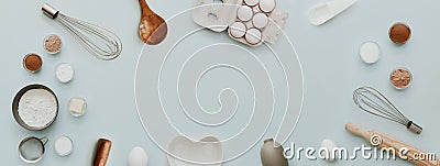 Baking background with bake ingredients, banner for website on pastel background, top view Stock Photo