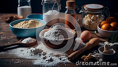 Baking background banner. bread preparation Ingredients variety for cooking dough on a dark rustic table. Top view, flat Stock Photo