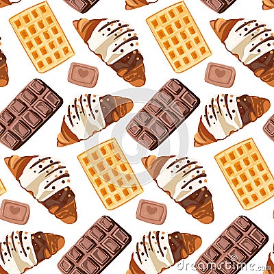 Baking background. roissants, waffles, chocolate and cookies seamless pattern. Print for menu, kitchen wallpaper, home decor, Vector Illustration