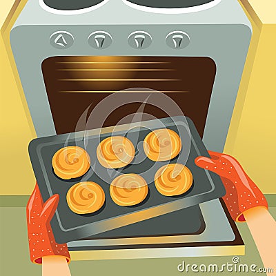 Baking buns in the oven Vector Illustration