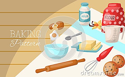 Baking cartoon tools and food seamless pattern. Kitchen utensils. Cooking vector illustration. Baking ingredients Vector Illustration