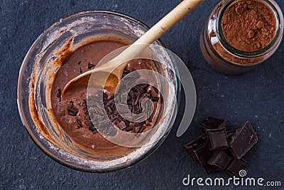 Baking a chocolate cake in a mug - mixing the dough Stock Photo