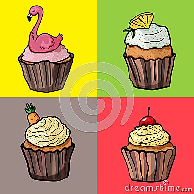 Baking collection. Cupcakes on a bright background for the holiday. - Vector Vector Illustration
