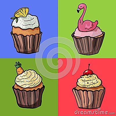 Baking collection. Cupcakes on a bright background for the holiday. - Vector Vector Illustration