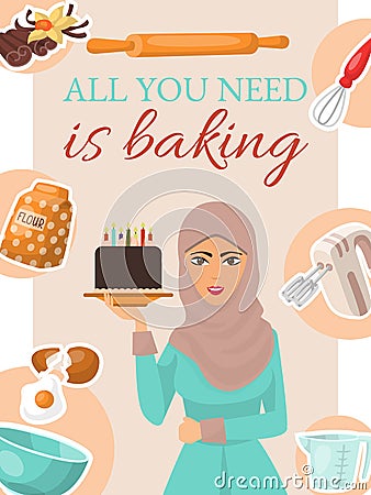 Baking concept poster, banner. Woman holding birthday cake with candles. Kitchen utensils and ingredients for baking Vector Illustration