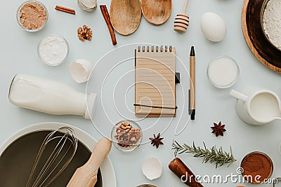 Baking or cooking background. Ingredients, kitchen items for baking cakes. Stock Photo