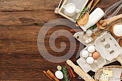 Baking or cooking background. Ingredients, kitchen items for baking cakes. Stock Photo