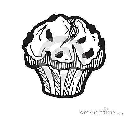 Baking cupcake with raisin streaks of cream. White sweet bread pastries. Ready dish. Food delicious. Hand drawing Vector Illustration