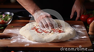 Baking, eating at home, healthy food and lifestyle concept. Senior baker man cooking, kneading fresh dough with hands Stock Photo