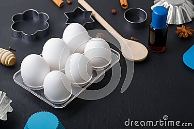 Baking eggs kitchen tools shape cookie cutters vanilla extract Stock Photo