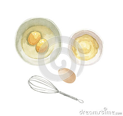 Baking equipment illustration - eggs, cream or butter, whisk. Cartoon Illustration