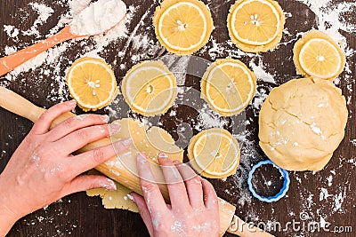 Baking gingerbread cookies, biscuits with lemon slices, lemon biscuits Stock Photo