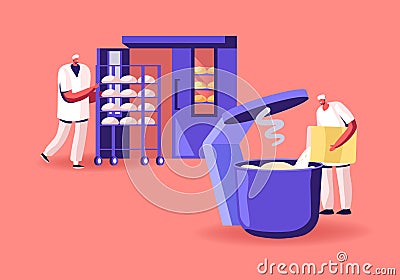 Baking Industry Plant. Workers Prepare Fresh Bread Mixing Dough in Huge Mixer and Put Raw Loafs into Oven Vector Illustration